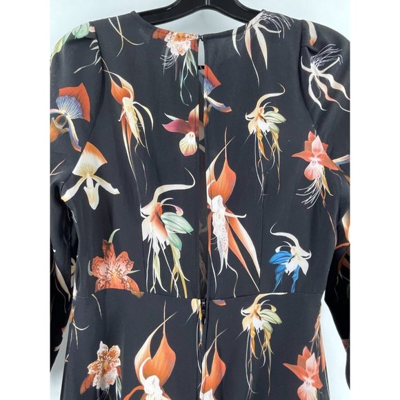 H M Women's 3/4 Sleeve Black Floral Print Slit Back Dress Size 8 - Picture 6 of 16